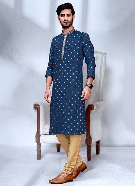 Navy Blue Colour Vog New Exclusive Fancy Festive Wear Cotton Embroidery Kurta Pajama Mens Collection VOG-KP-8